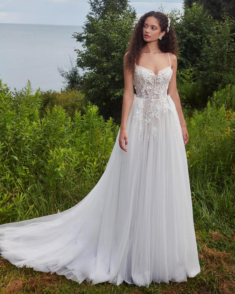La24103 sexy a line wedding dress with slit and overskirt3